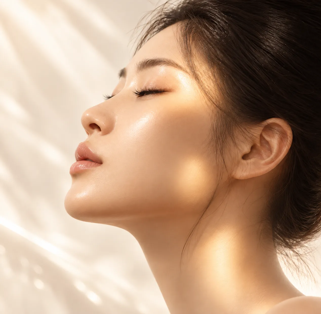 눈을 감고 피부의 편안한 리듬을 표현한 모델